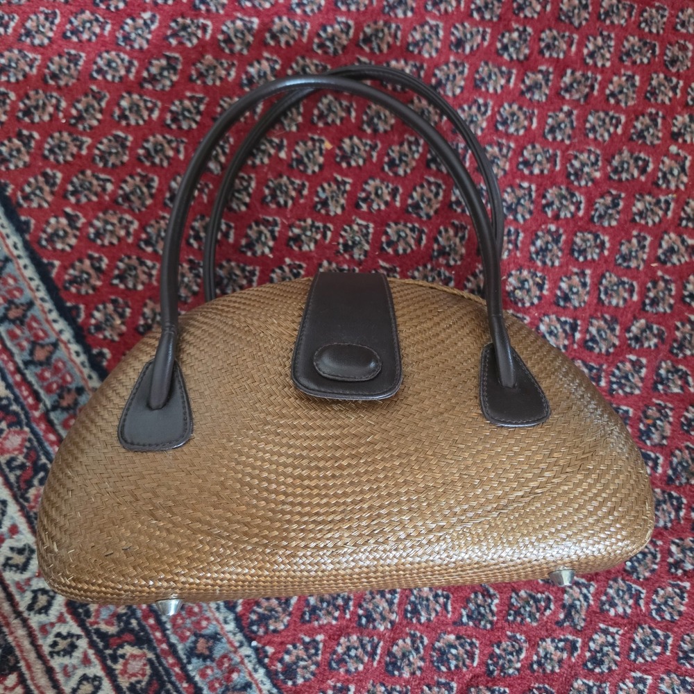 Le SAC Woven Straw Rattan Dome Satchel Bag Brown Handmade Philippines Vintage